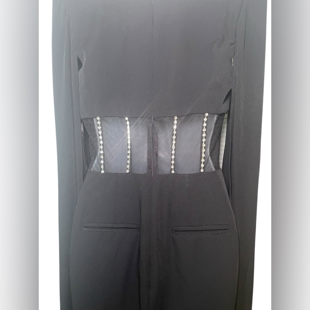 Mac Duggal New 49853 Sample Black Jumpsuit Cape Sleeves Sheer Abdomen Size 2 - Picture 4 of 10